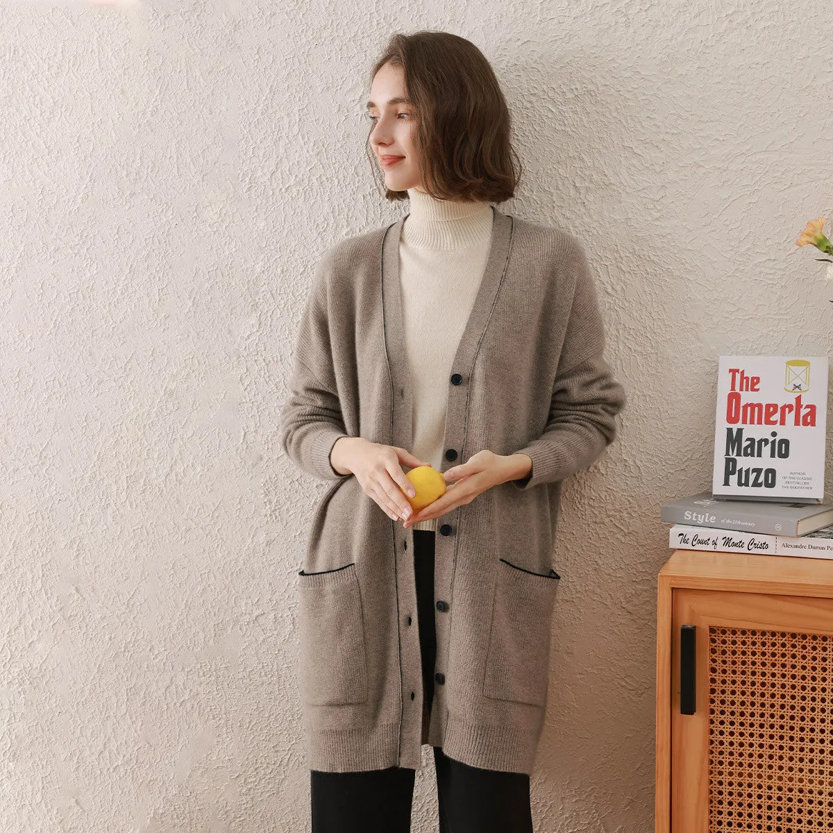 100% Cashmere Cardigan Elegant Long Knit Coat