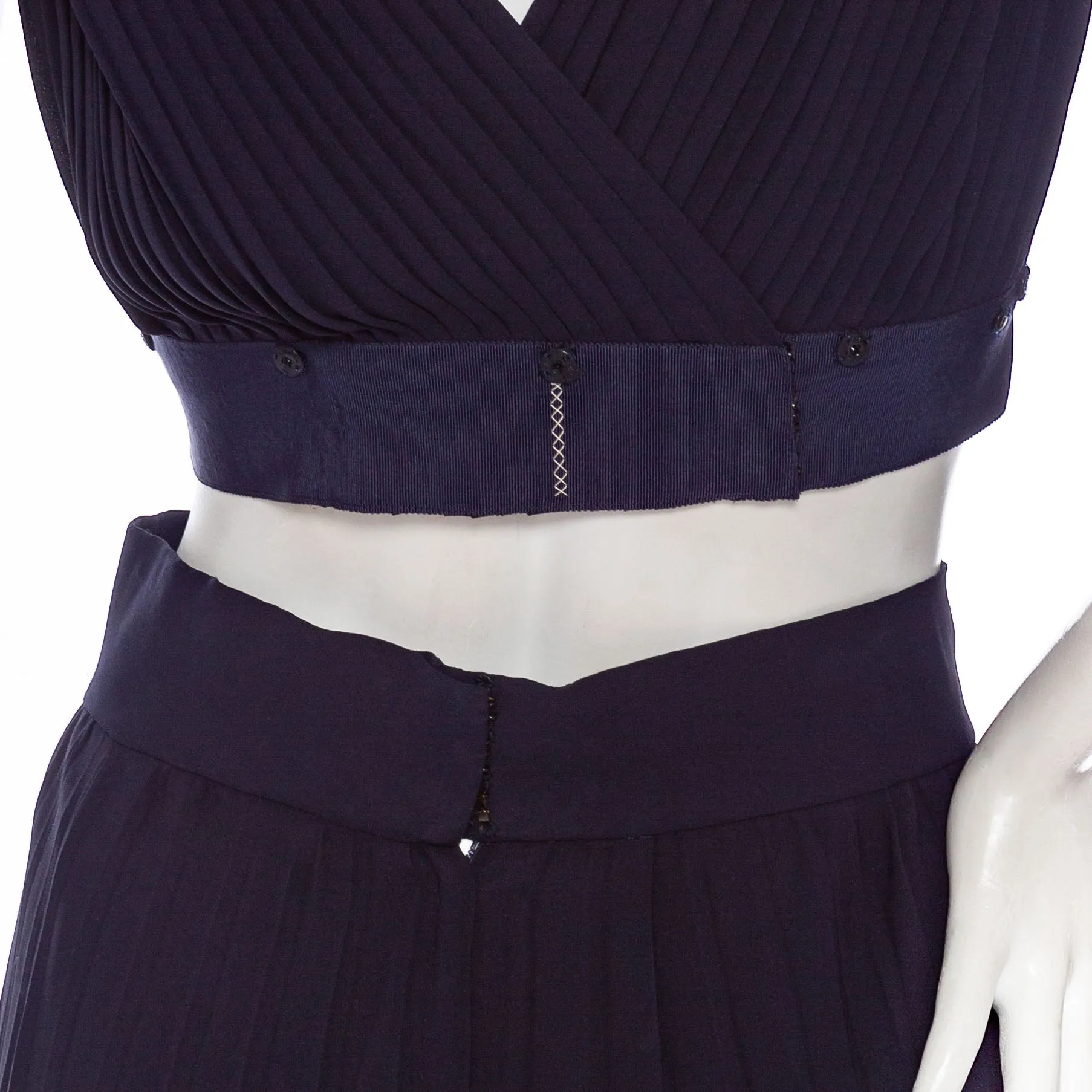 1970s Navy Pleated Two-Piece Rhinestone Maxi Dress