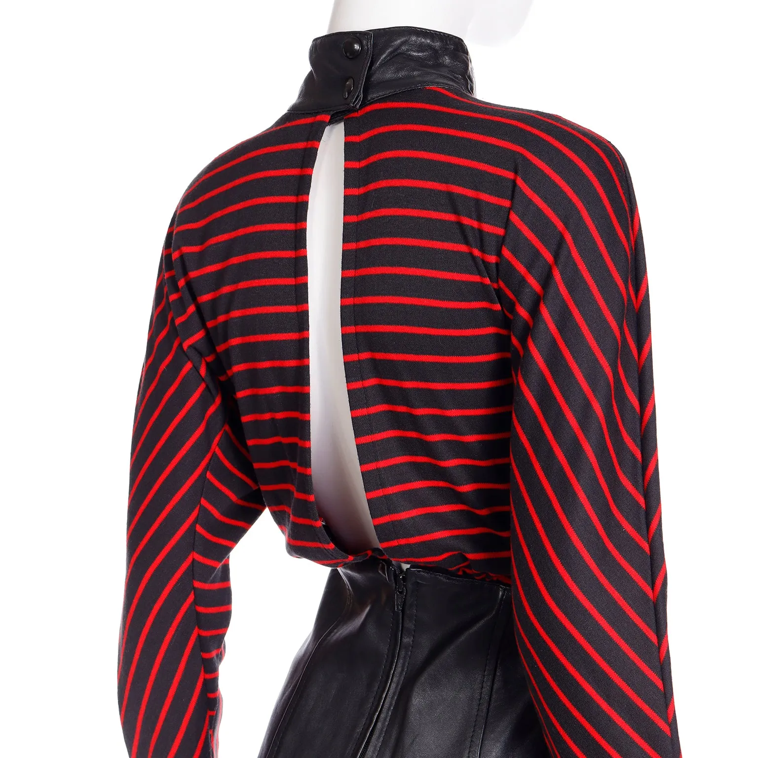 1980s Vintage Red & Black Striped Dress w Leather Collar & Skirt