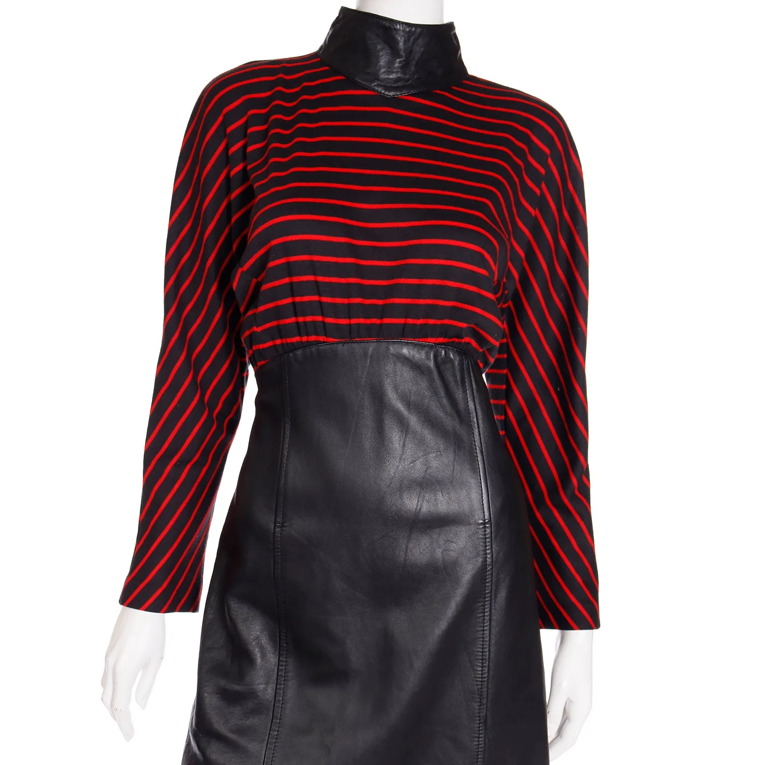 1980s Vintage Red & Black Striped Dress w Leather Collar & Skirt