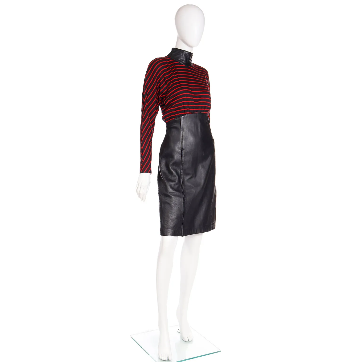 1980s Vintage Red & Black Striped Dress w Leather Collar & Skirt