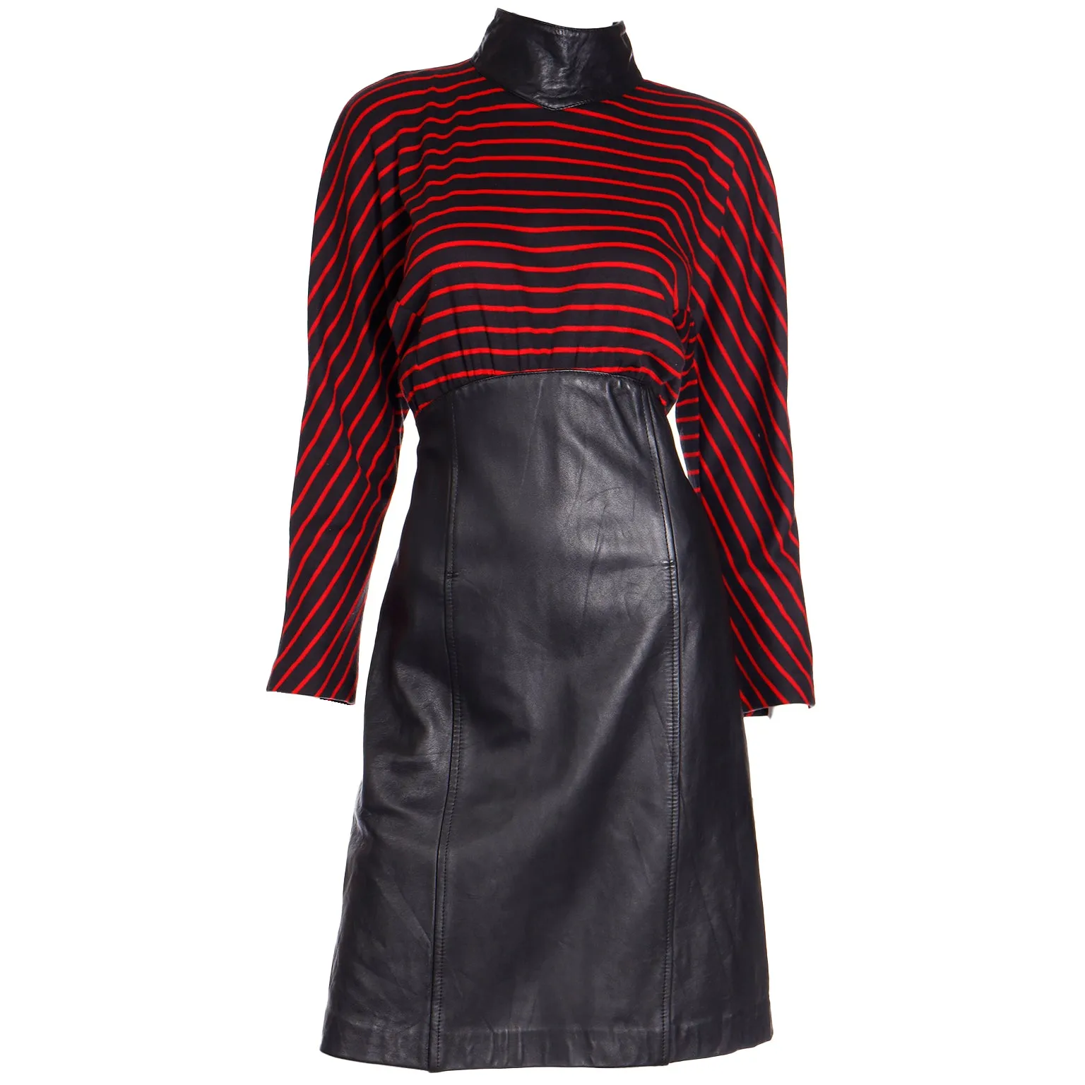 1980s Vintage Red & Black Striped Dress w Leather Collar & Skirt