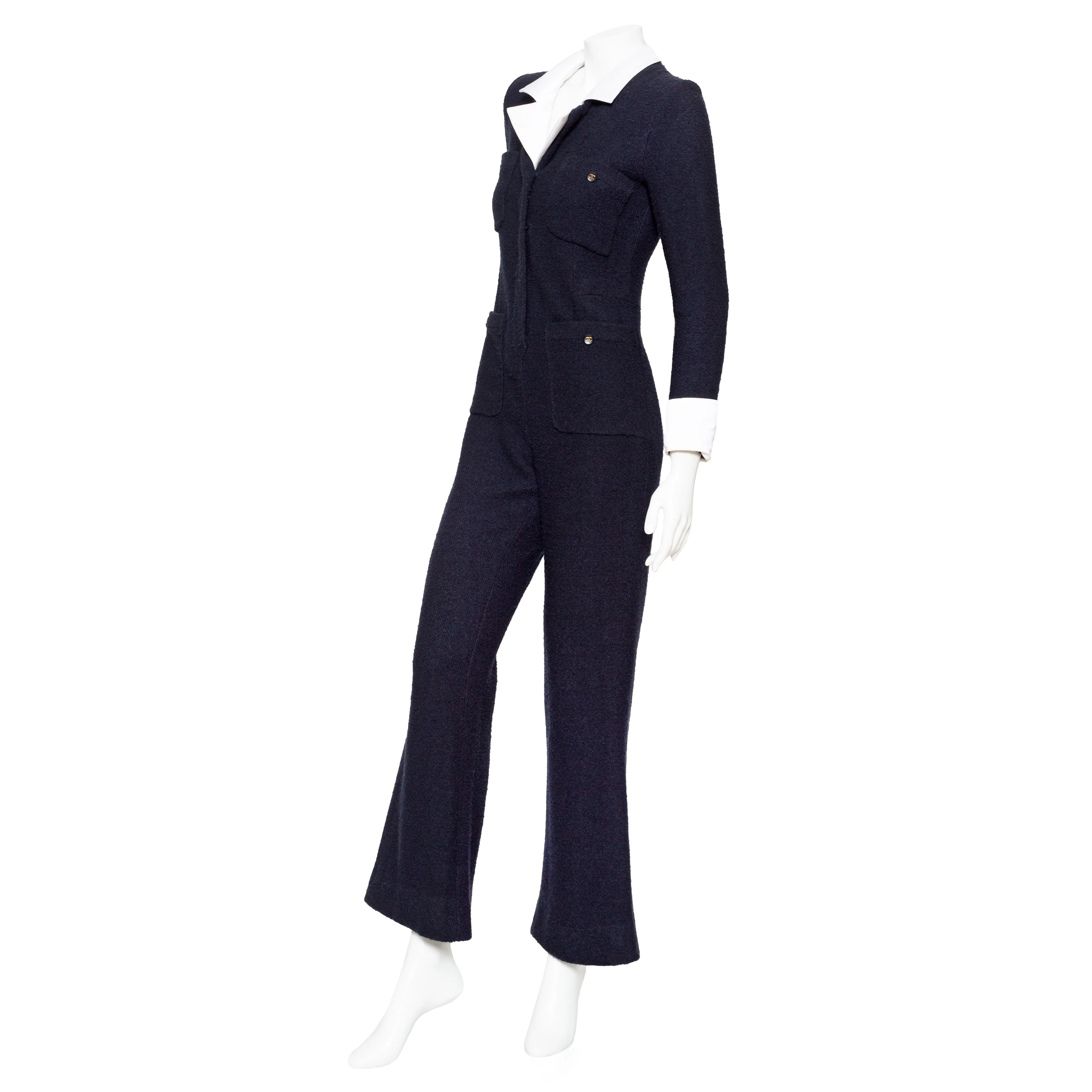 1990s Navy Blue Wool and Satin Collared Jumpsuit