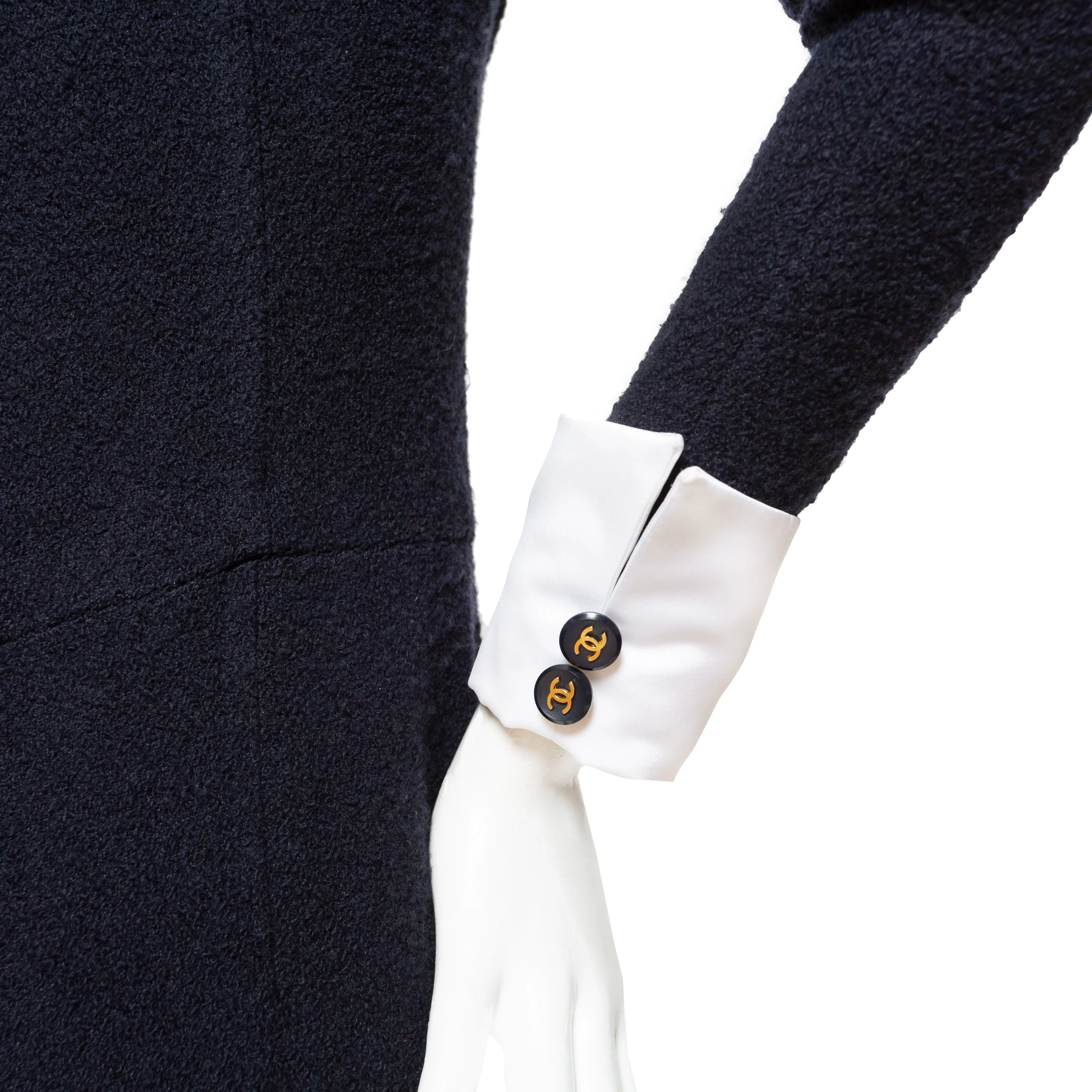 1990s Navy Blue Wool and Satin Collared Jumpsuit