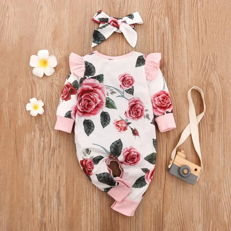 2-piece Floral Printed Jumpsuit & Headband for Baby Girl