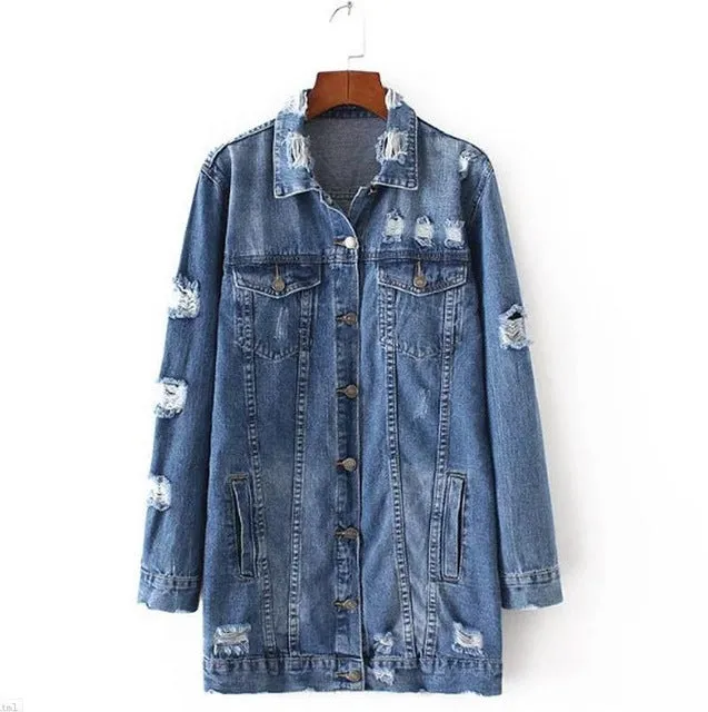 2017 Denim Jackets Women Hole Boyfriend Style Long Sleeve Vintage Jean jacket Denim jacket Loose Spring Autumn Denim Coat Jean