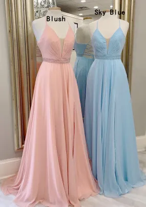 A-line Prom Dress Plunging Sleeveless Chiffon Sweep Train Beading Pleated