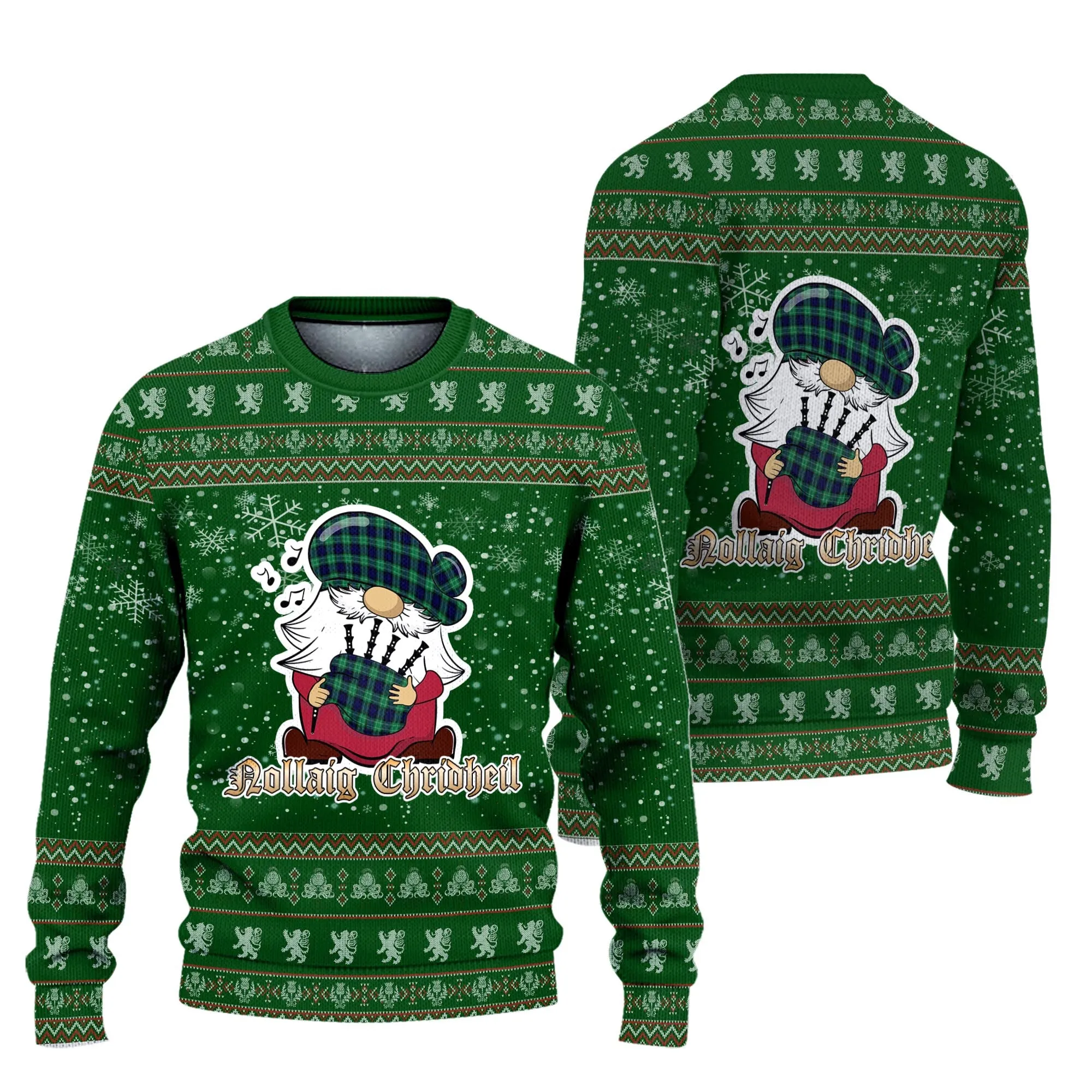 Abercrombie Clan Christmas Family Ugly Sweater with Funny Gnome Playing Bagpipes