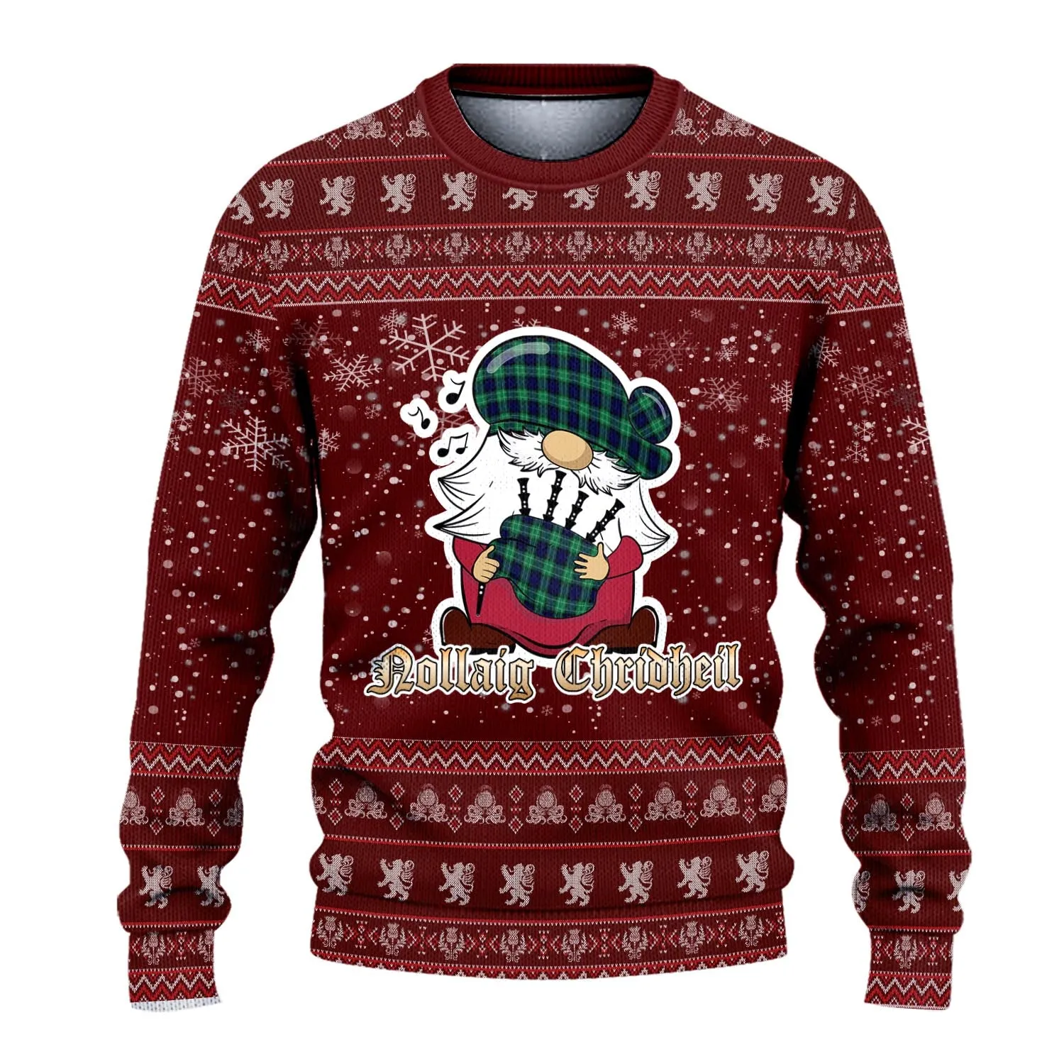 Abercrombie Clan Christmas Family Ugly Sweater with Funny Gnome Playing Bagpipes