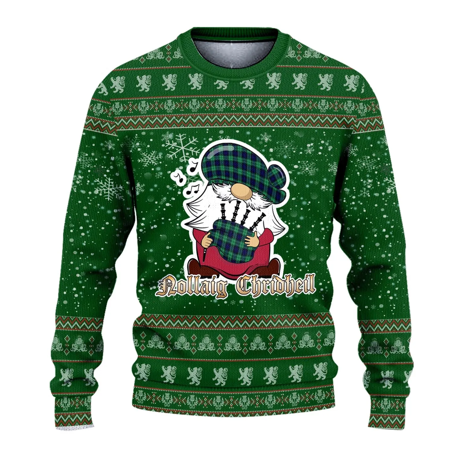 Abercrombie Clan Christmas Family Ugly Sweater with Funny Gnome Playing Bagpipes