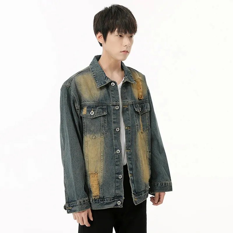 American Style Men's Denim Coats Hole Worn-out Contrast Color Tops Turn-down Collar Male Jackets New Trend Autumn 9C6830