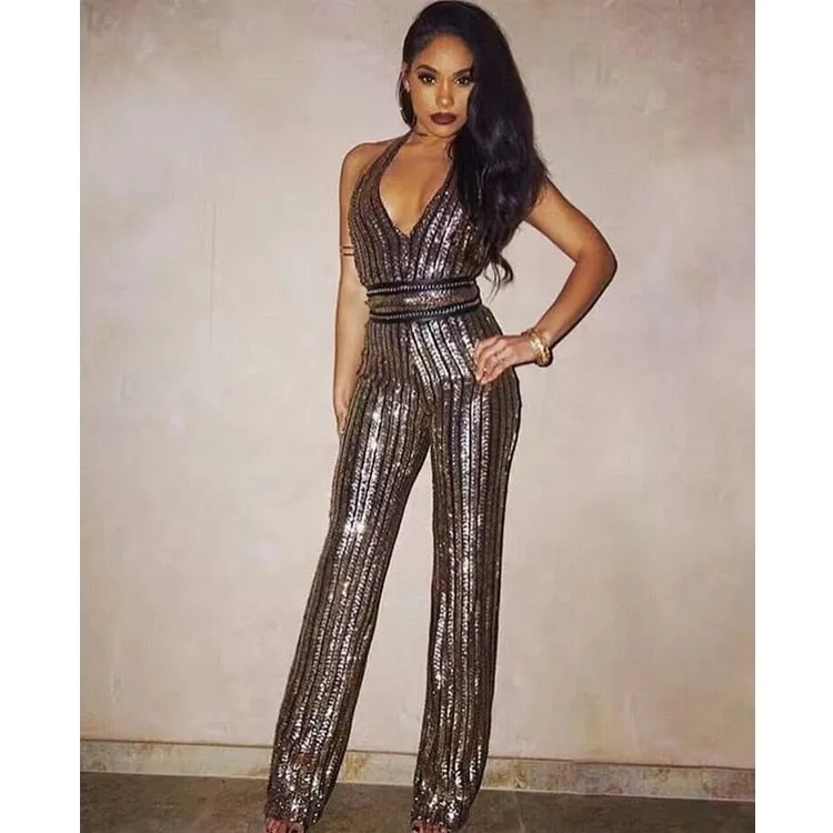 Amozae- Golden Glitter V-Neck Jumpsuit Women   Skinny Backless Bodycon Jumpsuits Ladies Elegant Party Overalls Clubwear