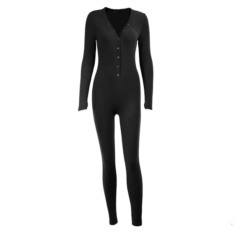 Amozae- V-Neck Button   Rompers Woman Long Sleeve Slim Bodycon Casual Sporty Jumpsuit Autumn Letter Embroidery Streetwear