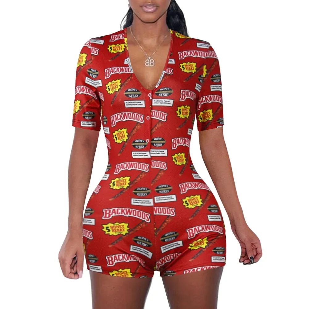 Amozae Women   V-Neck Bodycon Bodysuit Casual Printed Button Sleepwear Jumpsuit Shorts Romper Leotard   Ladies Summer Pajamas Hot