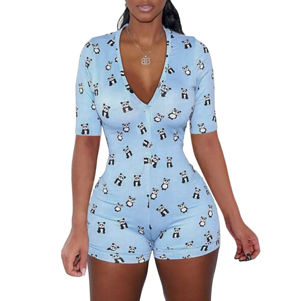 Amozae Women   V-Neck Bodycon Bodysuit Casual Printed Button Sleepwear Jumpsuit Shorts Romper Leotard   Ladies Summer Pajamas Hot