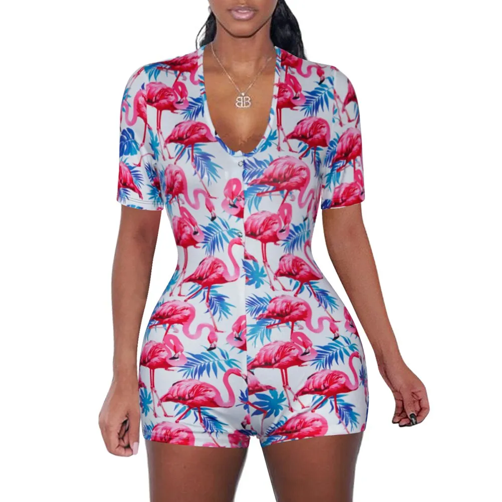 Amozae Women   V-Neck Bodycon Bodysuit Casual Printed Button Sleepwear Jumpsuit Shorts Romper Leotard   Ladies Summer Pajamas Hot