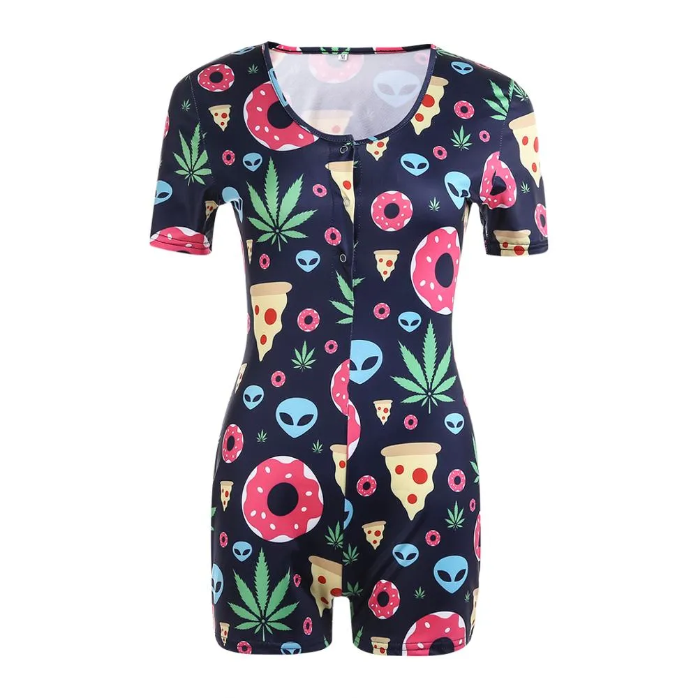 Amozae Women   V-Neck Bodycon Bodysuit Casual Printed Button Sleepwear Jumpsuit Shorts Romper Leotard   Ladies Summer Pajamas Hot