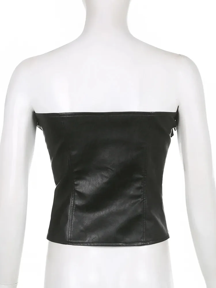 Asymmetrical Fashion Strapless Milkmaid PU Leather Top Female Zipper Clubwear Sexy Vest Bodycon Party Crop Tops Tube