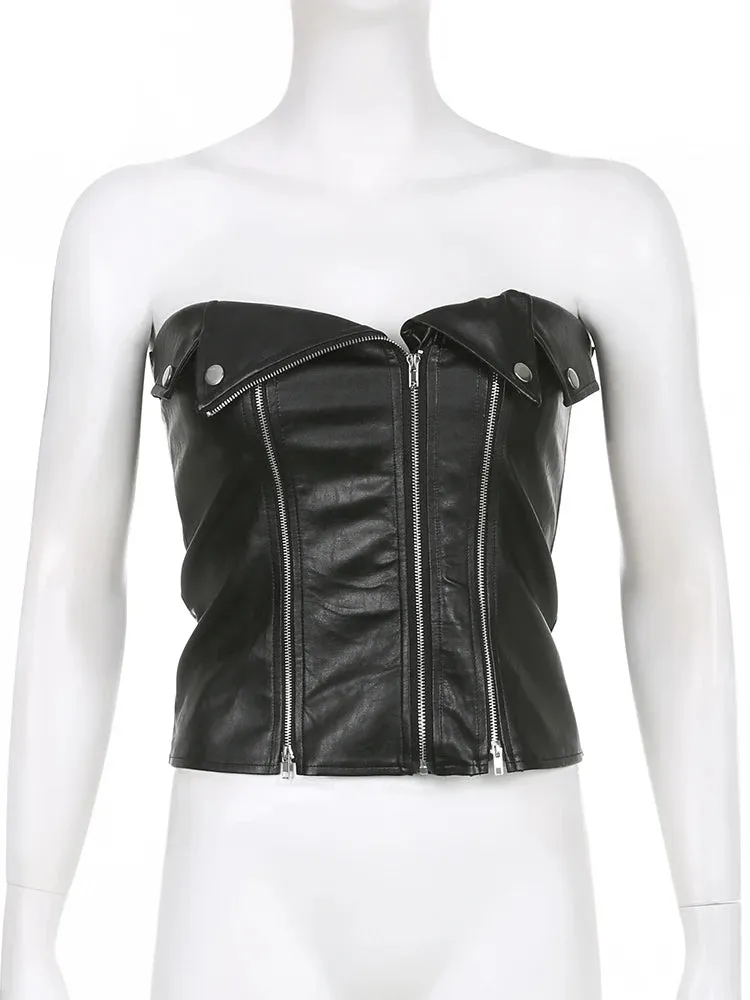 Asymmetrical Fashion Strapless Milkmaid PU Leather Top Female Zipper Clubwear Sexy Vest Bodycon Party Crop Tops Tube