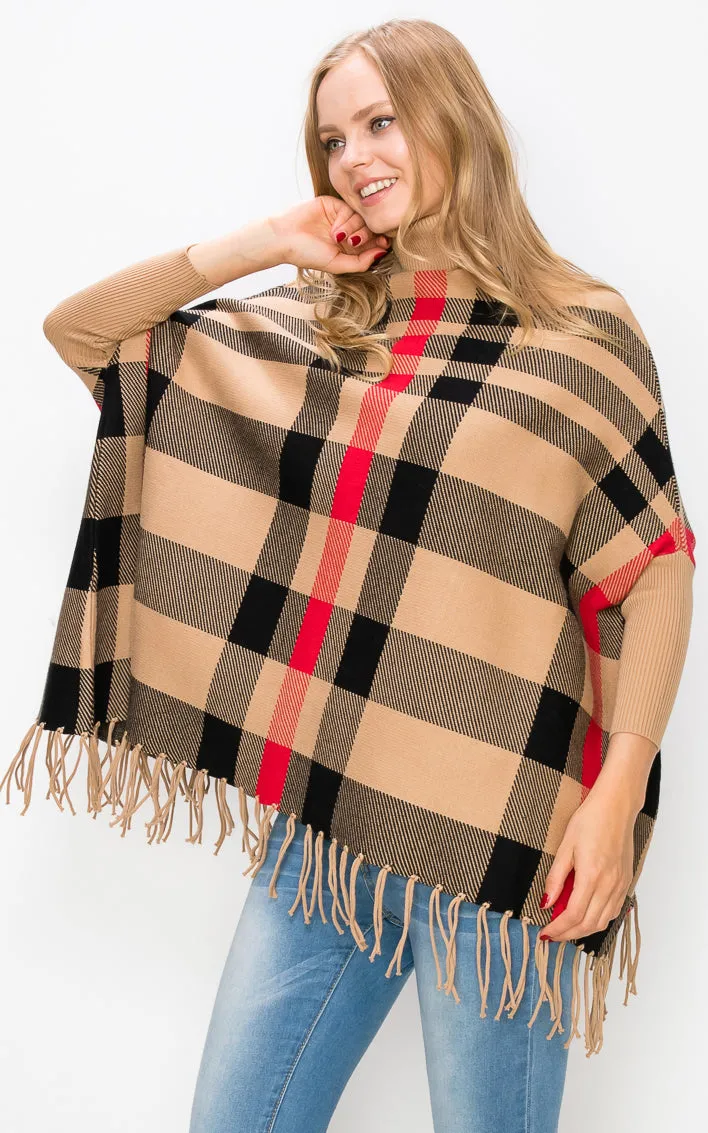 AV421 Plaid Turtleneck Sleeve Poncho with Fringe