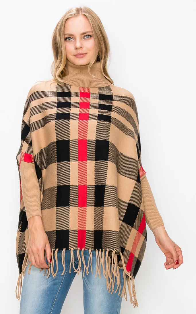 AV421 Plaid Turtleneck Sleeve Poncho with Fringe