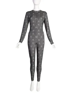 Azzedine Alaia Vintage Black White Spotted Stretch Knit Wool Full Catsuit Jumpsuit