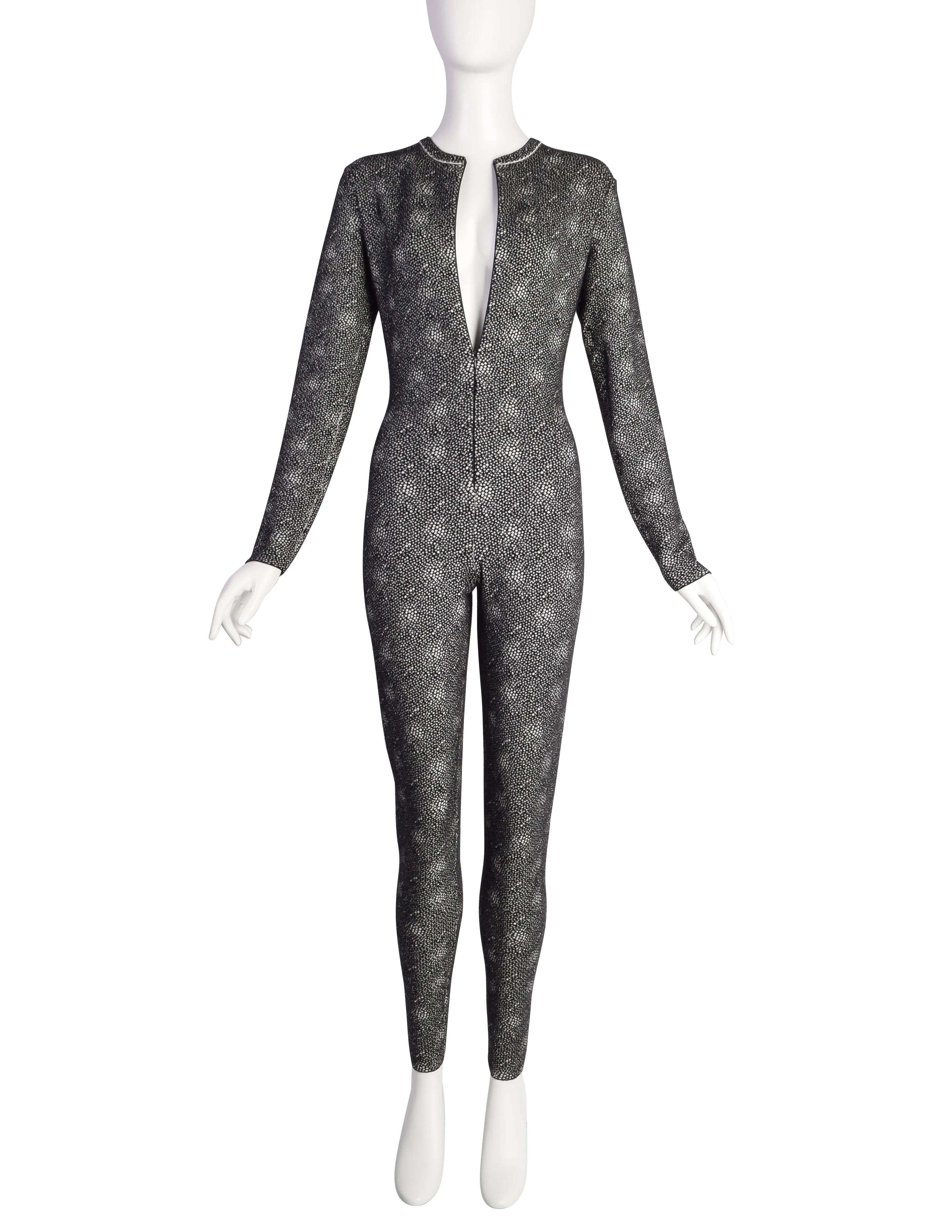 Azzedine Alaia Vintage Black White Spotted Stretch Knit Wool Full Catsuit Jumpsuit