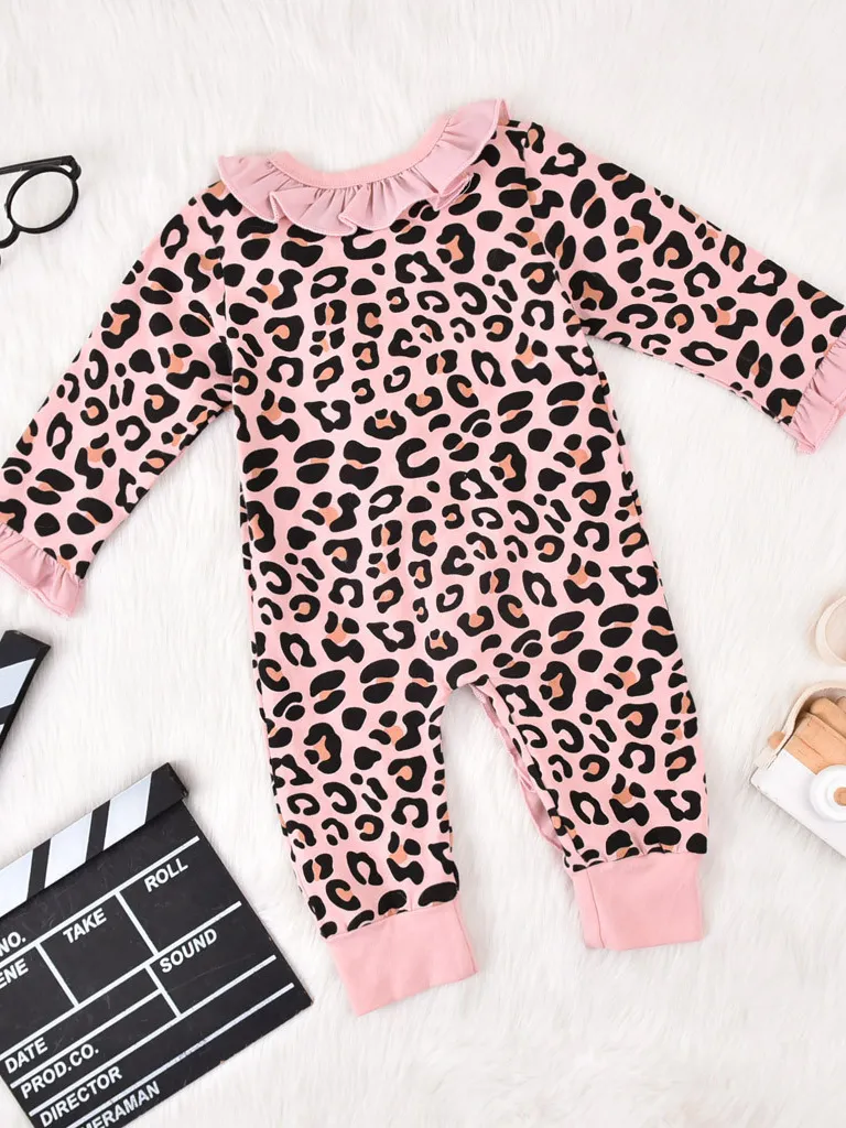 Baby Leopard Print Ruffle Long Sleeve Onesie With Headband