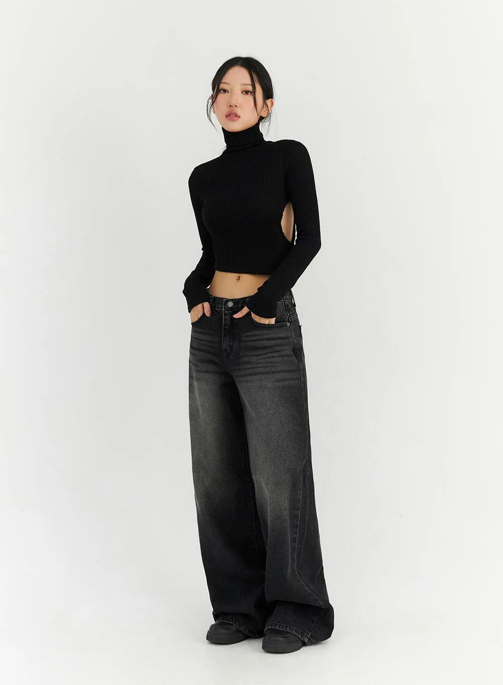 Back Slit Washed Wide Leg Jeans CN306