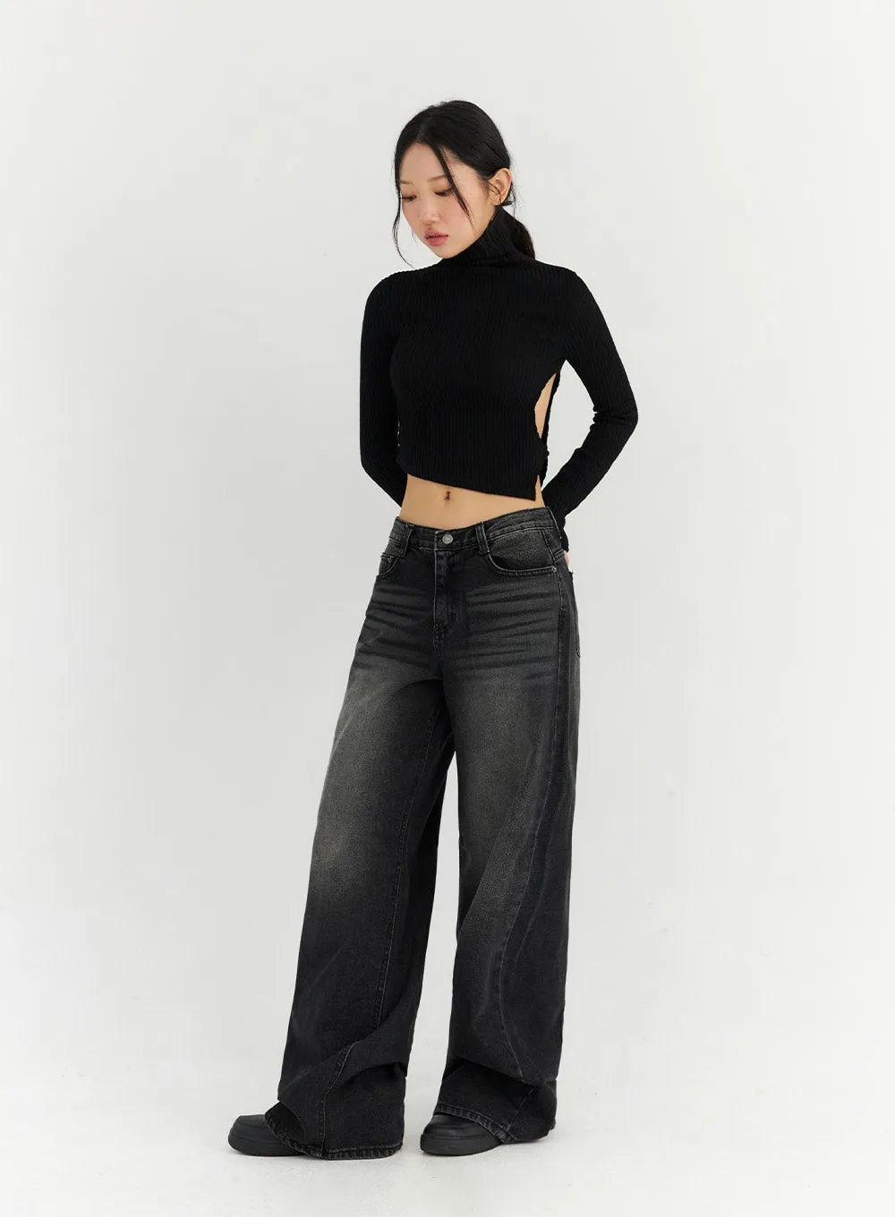 Back Slit Washed Wide Leg Jeans CN306