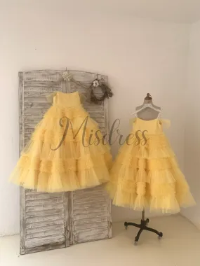 Ball Gown Off Shoulder Yellow Ruffle Tulle Wedding Flower Girl Dress