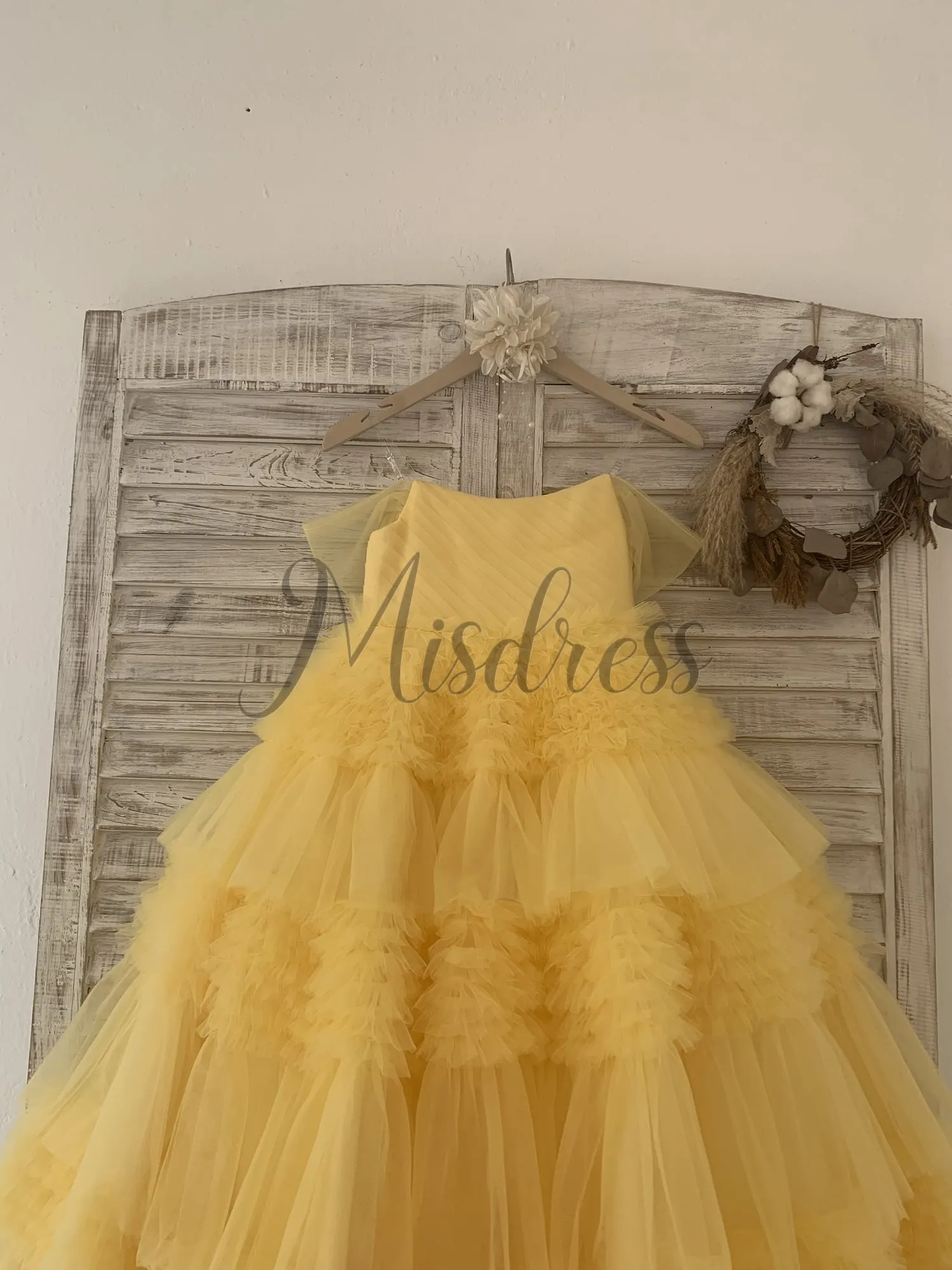 Ball Gown Off Shoulder Yellow Ruffle Tulle Wedding Flower Girl Dress