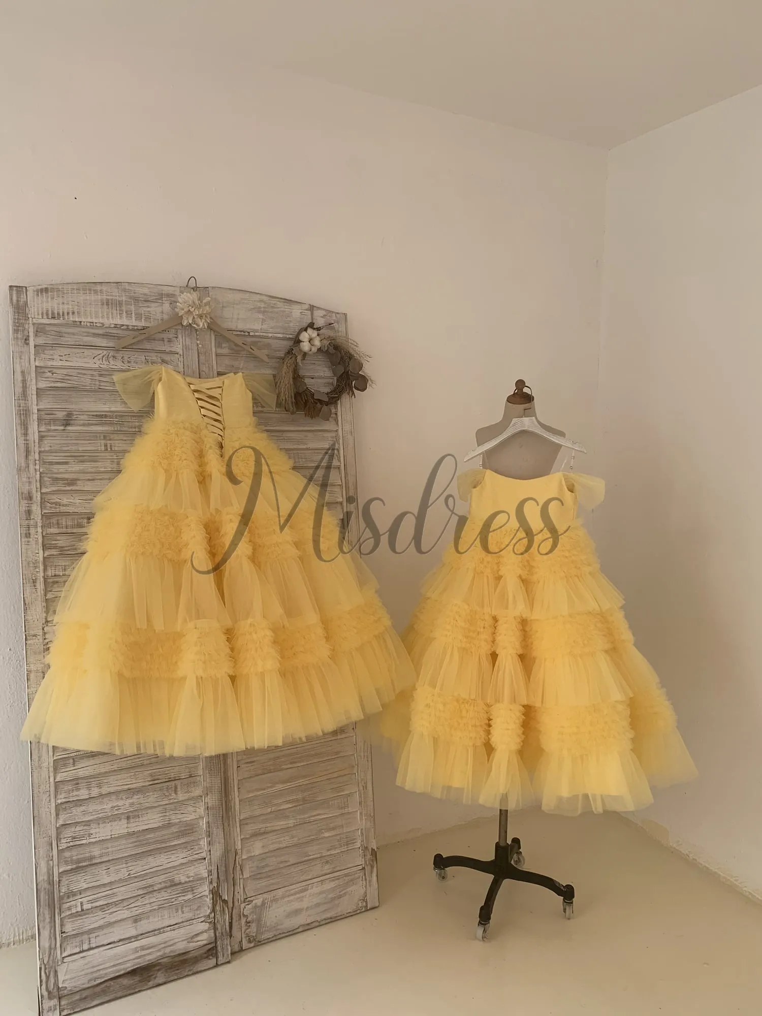 Ball Gown Off Shoulder Yellow Ruffle Tulle Wedding Flower Girl Dress