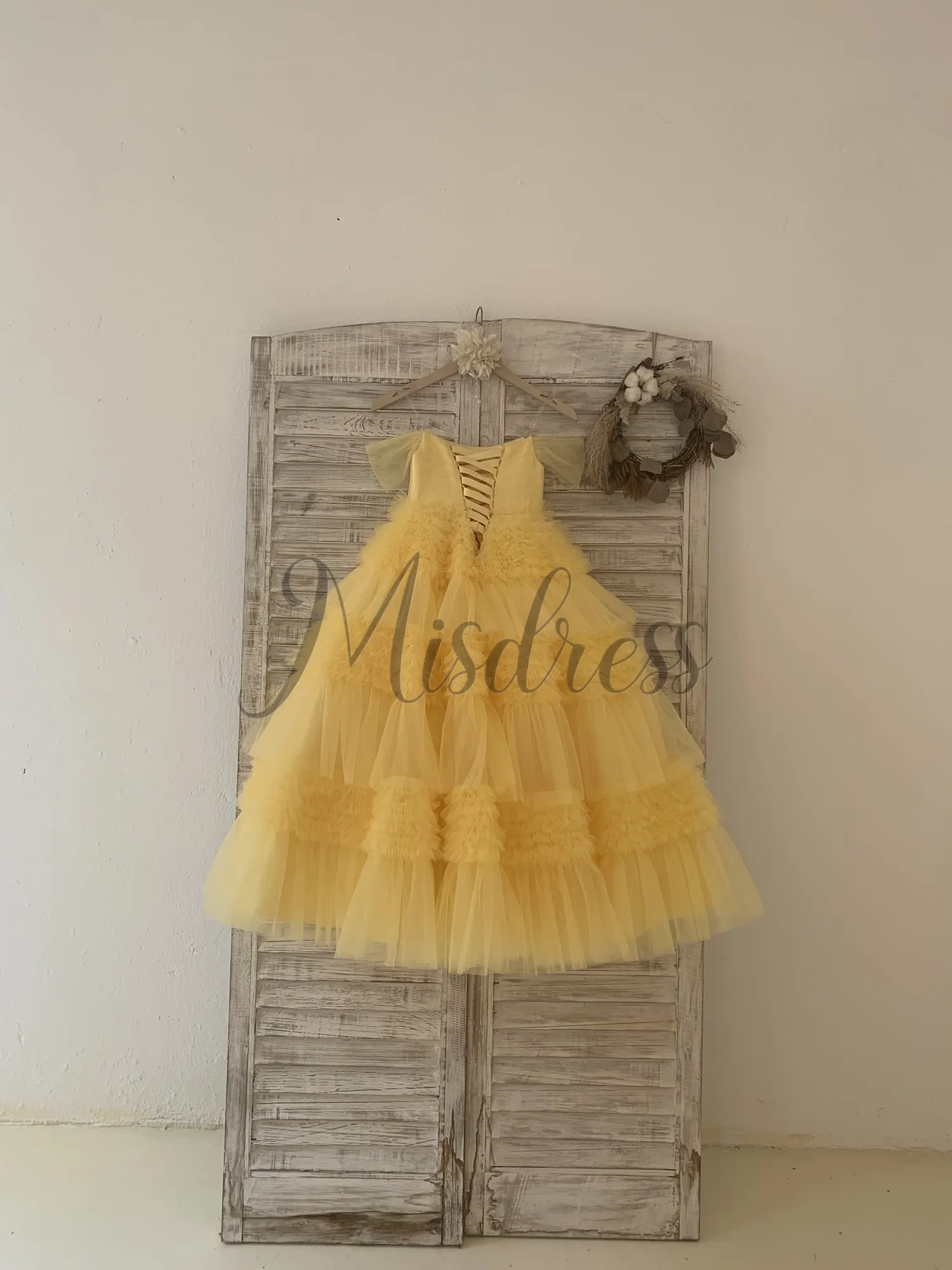 Ball Gown Off Shoulder Yellow Ruffle Tulle Wedding Flower Girl Dress