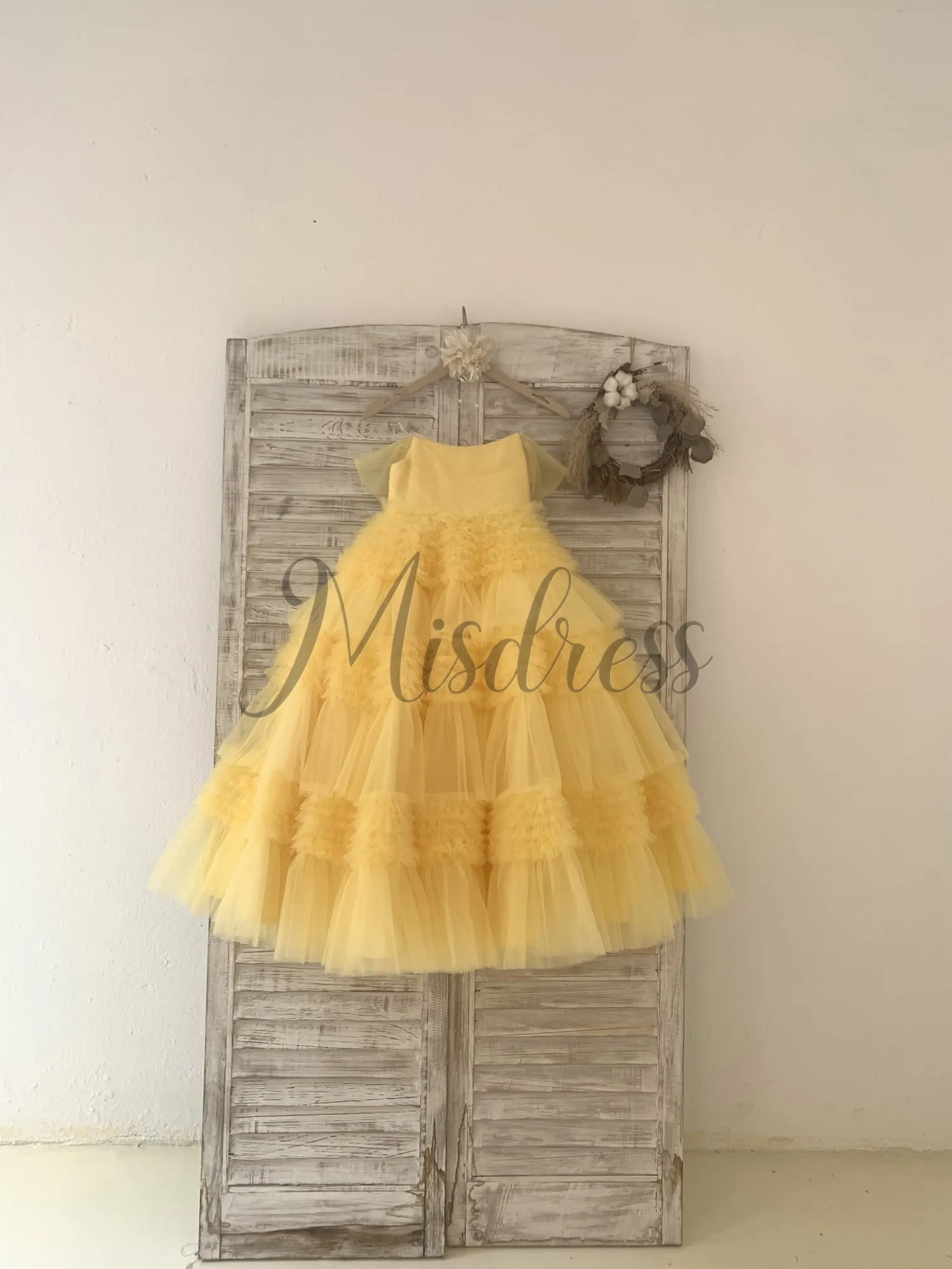 Ball Gown Off Shoulder Yellow Ruffle Tulle Wedding Flower Girl Dress