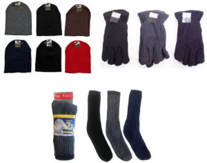 beanie knit hats, men's fleece gloves, and wool blend socks combo Case of 180