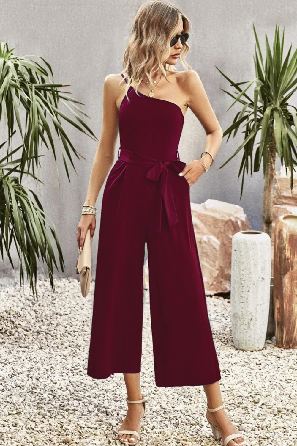 Belted One Shoulder Wide Leg Jumpsuit