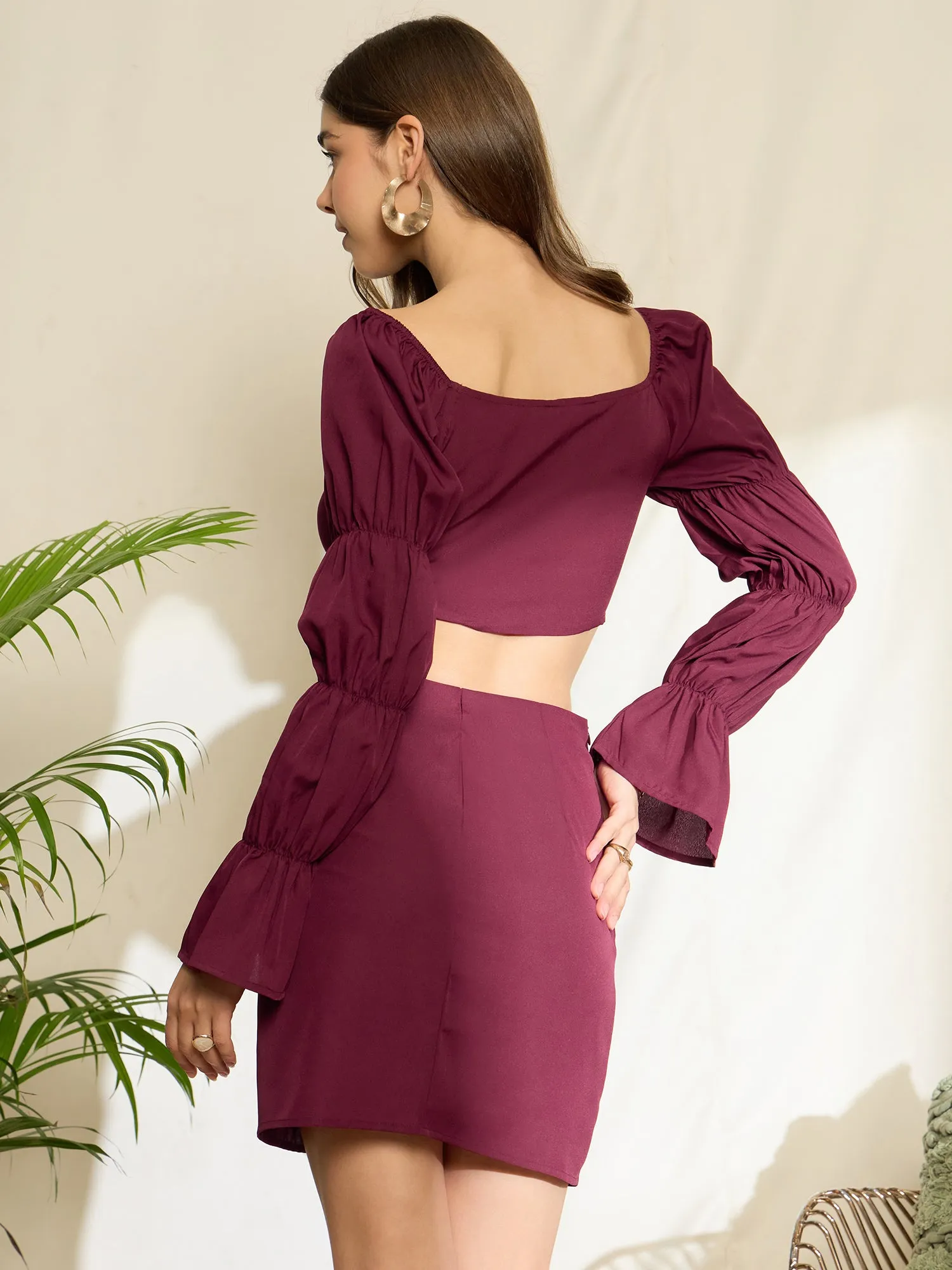 Berrylush Women Maroon Solid V-Neck Long Sleeves Cut Out Crop Top & Bodycon Skirt Set