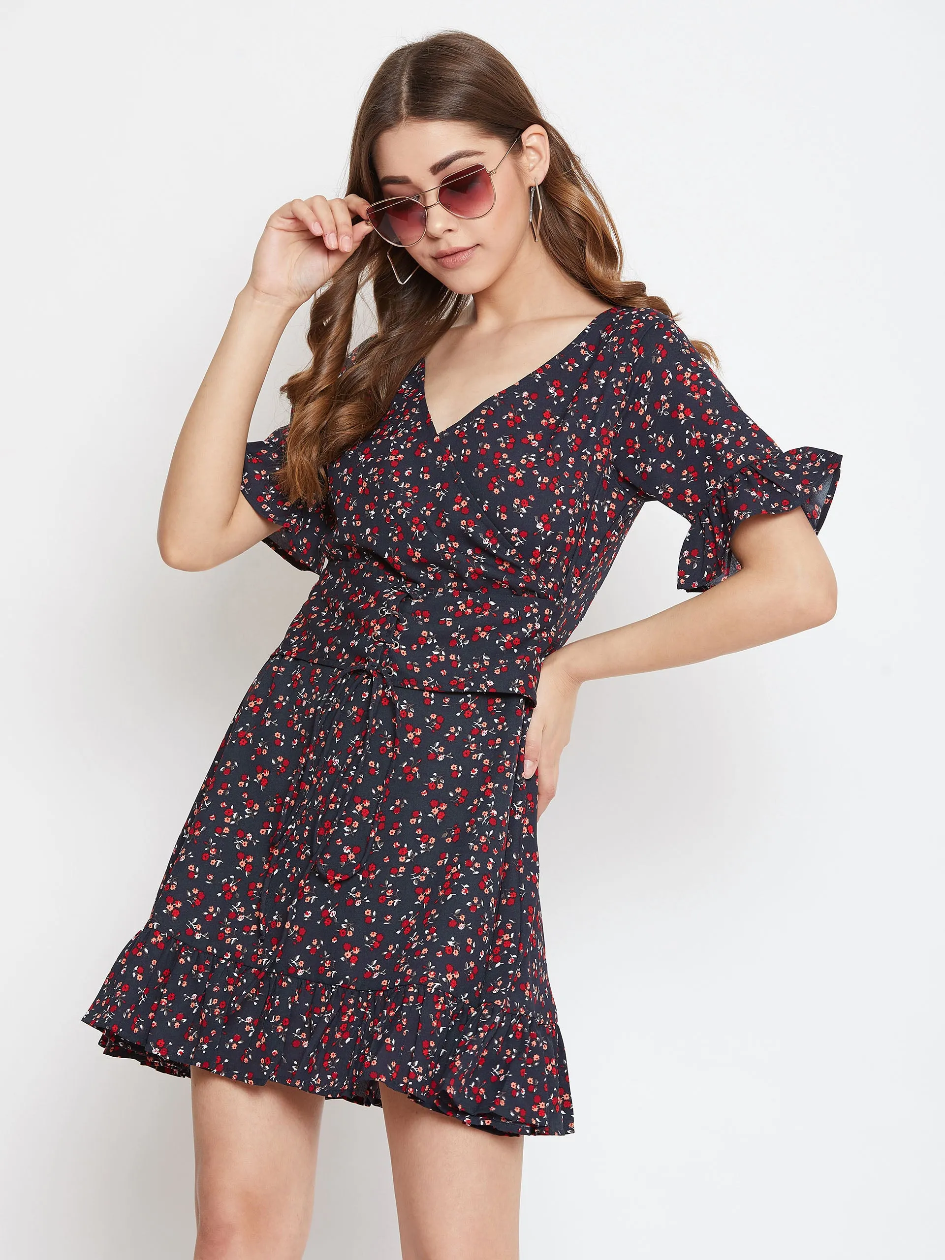 Berrylush Women Navy Blue Floral Printed Fit & Flare Mini Dress