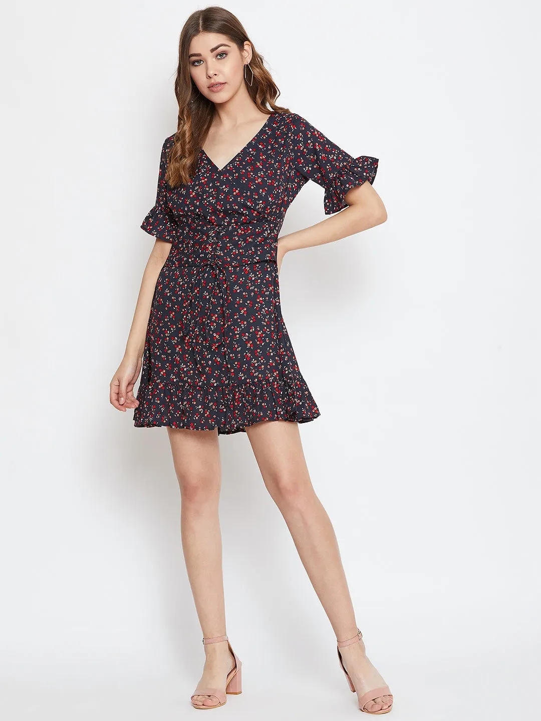 Berrylush Women Navy Blue Floral Printed Fit & Flare Mini Dress