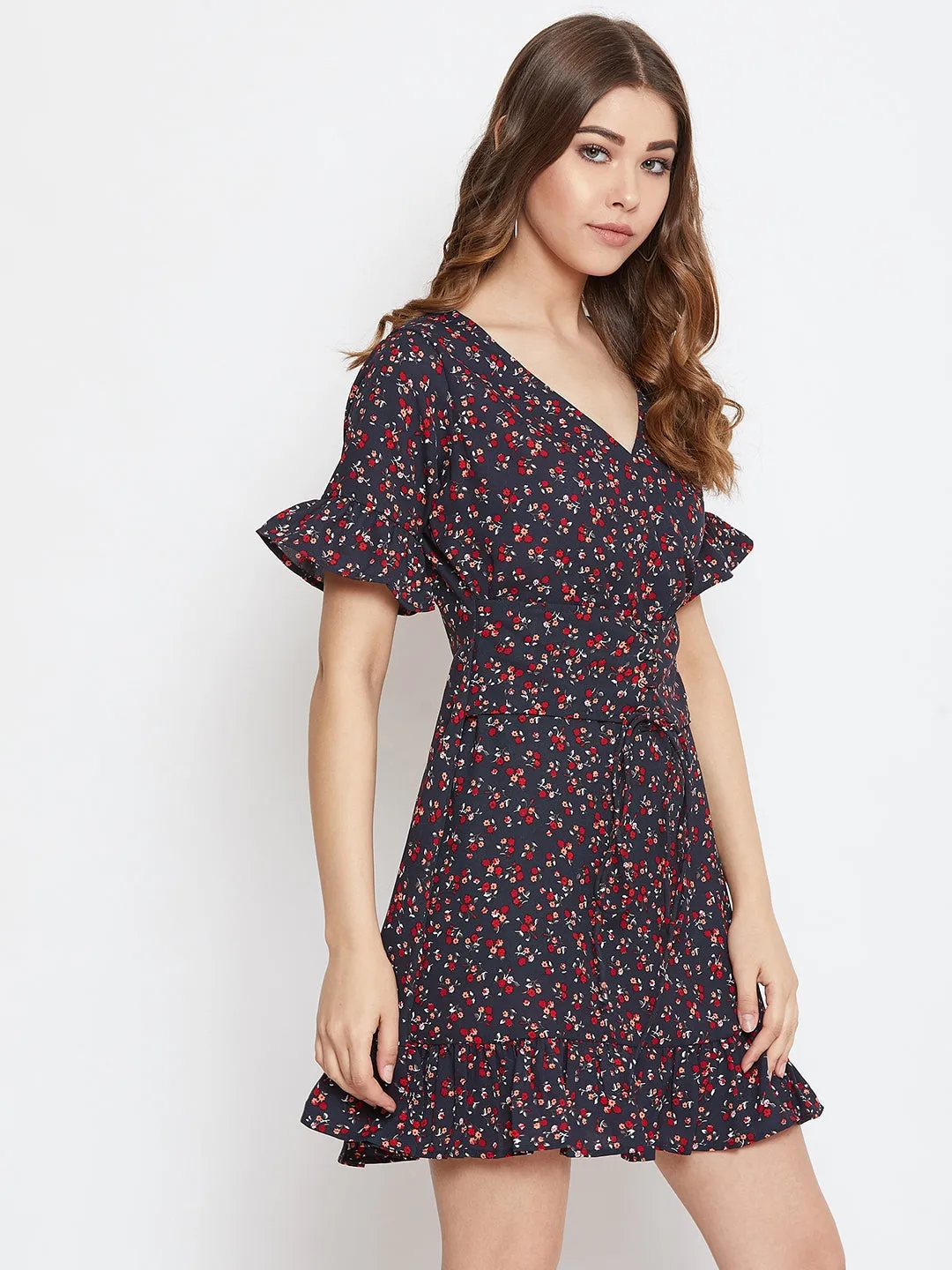 Berrylush Women Navy Blue Floral Printed Fit & Flare Mini Dress