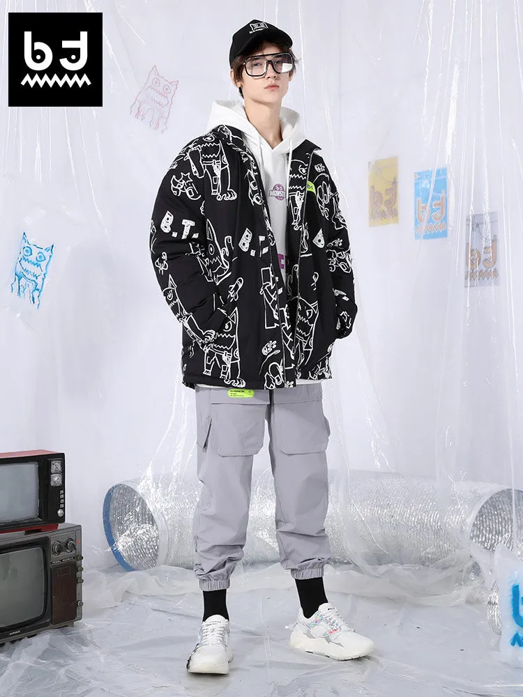 Big tooth monster printed stand collar white duck down jacket