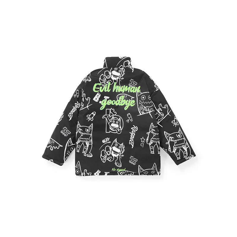 Big tooth monster printed stand collar white duck down jacket