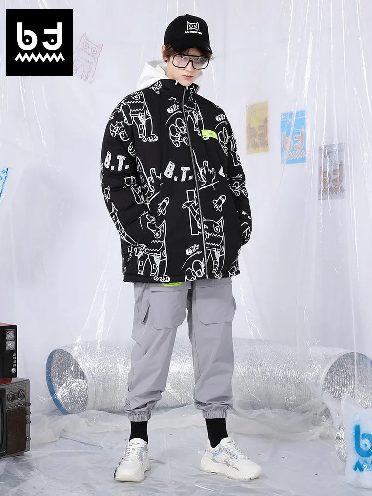 Big tooth monster printed stand collar white duck down jacket