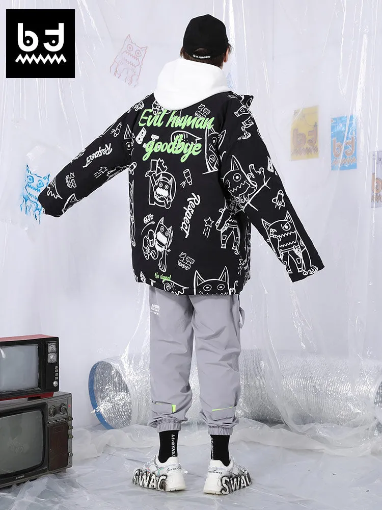 Big tooth monster printed stand collar white duck down jacket