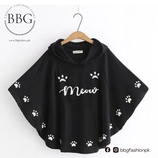 Black Meow Printed Hood Cape