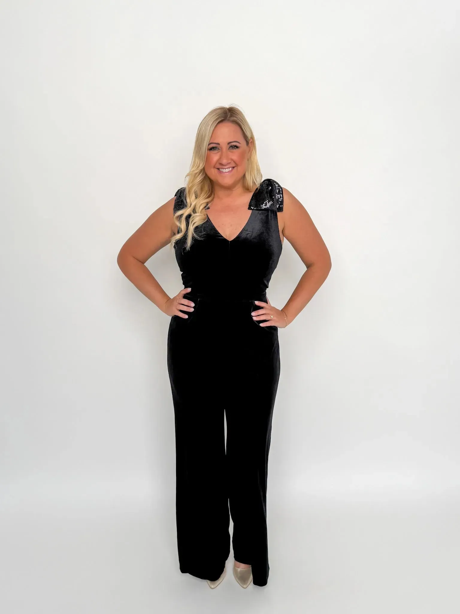 Black Sequin Bow Velvet Jumpsuit