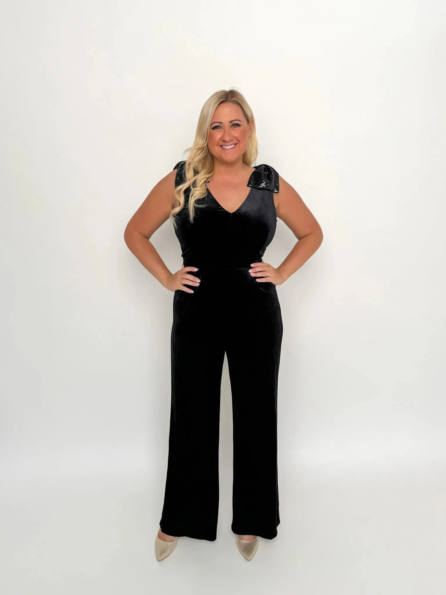 Black Sequin Bow Velvet Jumpsuit