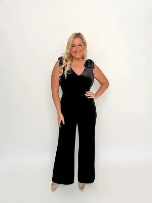 Black Sequin Bow Velvet Jumpsuit