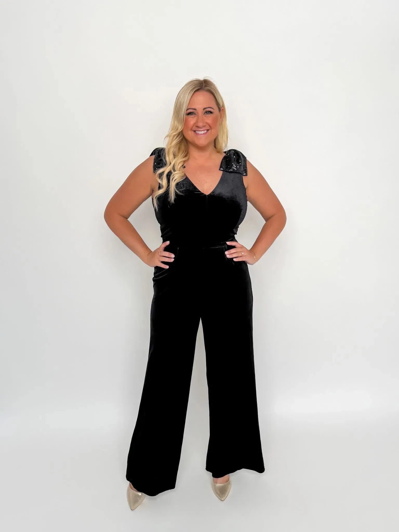 Black Sequin Bow Velvet Jumpsuit